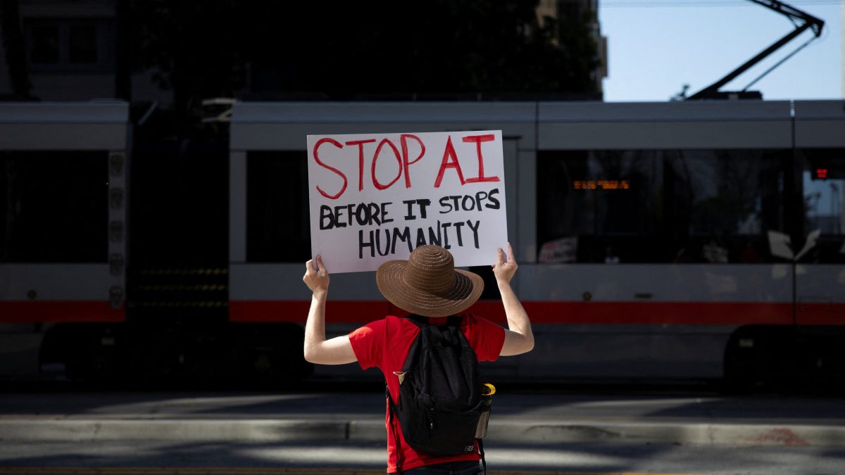 Protesters rally calling on AI companies to pause development, in San Francisco